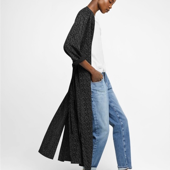 Eileen Fisher code tencel viscose kimono Black and White Long Blazer no belt - Picture 1 of 4